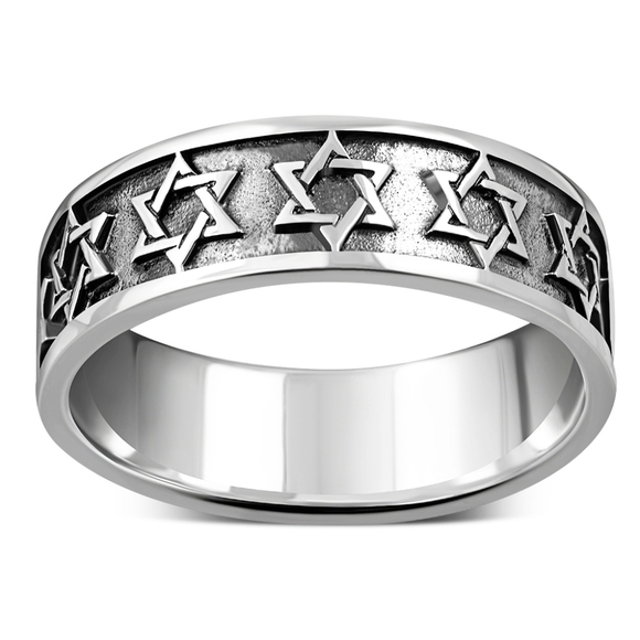 Ring-- Stelling Silver band with raised Star of David motif Unisex - Picture 1 of 3